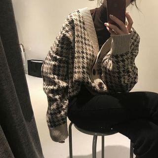 Houndstooth V-neck Cardigan Brown - One Size