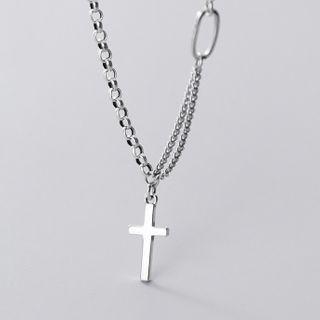 Asymmetric 925 Sterling Silver Cross Pendant Necklace S925 Silver - Necklace - One Size
