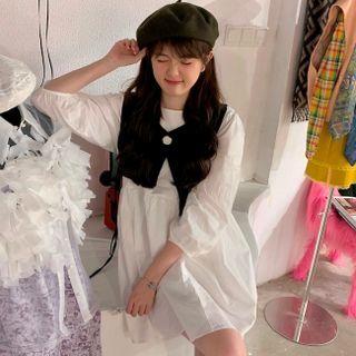 3/4-sleeve Bow A-line Dress White - One Size