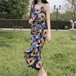 Set: Flower Print Cropped Camisole Top + Ruffle Hem Midi A-line Skirt