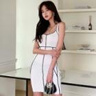 Spaghetti-strap Contrast Trim Knit Mini Sheath Dress White - One Size