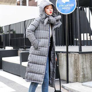 Set: Plaid Hooded Padded Coat + Padded Scarf