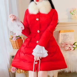 Furry Panel Lace Bell-sleeve Cotton Coat
