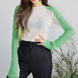 Long-sleeve Raglan Knit Top Green - One Size