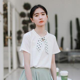 Dotted Tie-neck Short-sleeve T-shirt White - One Size