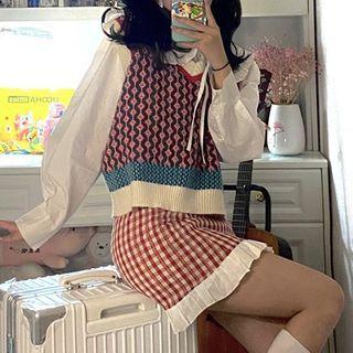 Long-sleeve Blouse / Jacquard Knit Vest / Mini A-line Skirt