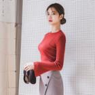 Crew-neck Long Bell-sleeve Slim-fit Knit Top