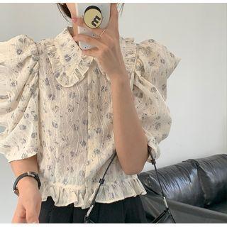 Puff-sleeve Floral Cropped Blouse Off-white - One Size