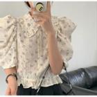 Puff-sleeve Floral Cropped Blouse Off-white - One Size