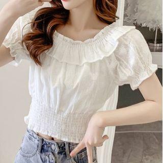 Short-sleeve Frill Trim Shirred Crop Top
