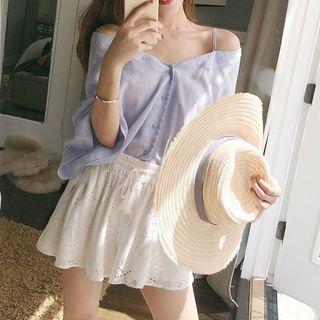 Set: Cold Shoulder 3/4-sleeve Blouse + Wide Leg Shorts