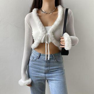 Furry Trim Cropped Cardigan