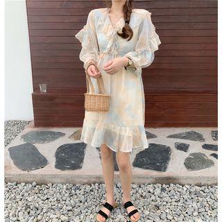 Elbow-sleeve Tie Dye A-line Dress