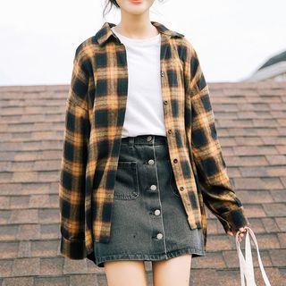 Long-sleeve Plaid Shirt Plaid - Black & Yellow - One Size