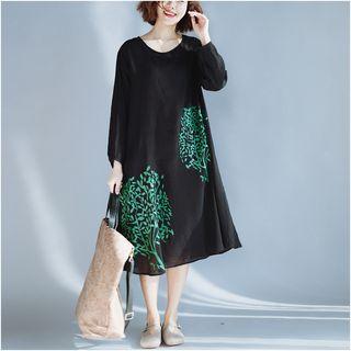 Long-sleeve Midi A-line Dress Black - One Size