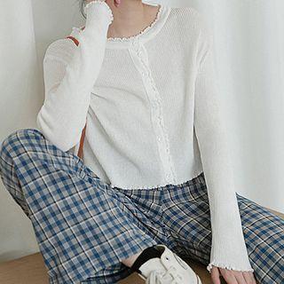 Frill-hem Ribbed Long-sleeve Cropped Cardigan