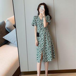 Short-sleeve V-neck Floral Split Dress