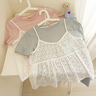 Set: Short-sleeve T-shirt + Eyelet Spaghetti Strap Top