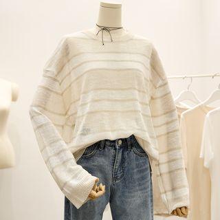 Long-sleeve Striped Loose Knit Top Almond Stripe - White - One Size