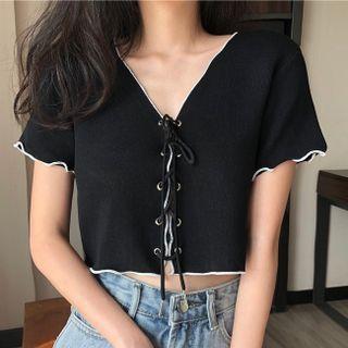 V-neck Lace-up Knit Crop Top