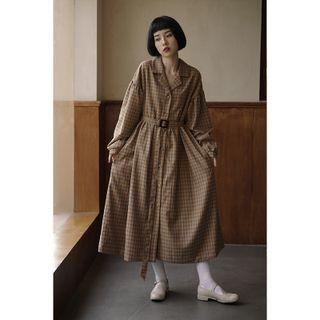 Belted Open-collar Plaid Midi A-line Dress