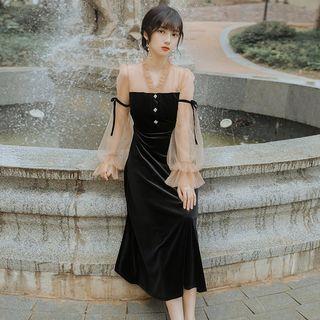 Mesh Panel Lantern-sleeve Midi A-line Dress