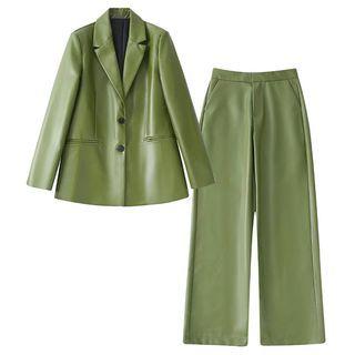 Single-breasted Faux Leather Blazer / Dress Pants / Set
