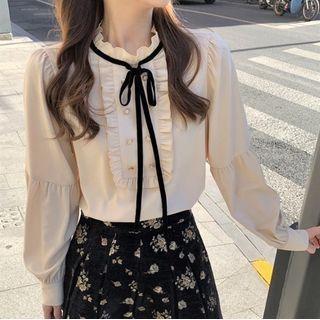 Long-sleeve Bow Mock-neck Blouse
