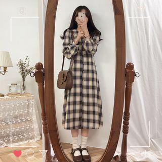 Plaid V-neck Midi Dress / Plain Camisole