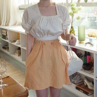Puff-sleeve Cropped Blouse / Drawstring Skirt