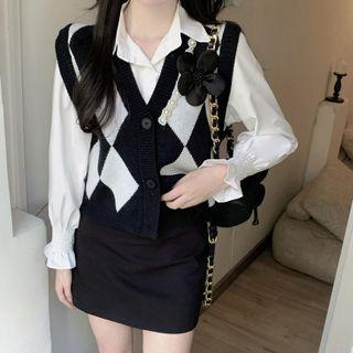 Set: Argyle Button-up Sweater Vest + Puff-sleeve Shirt Set Of 2 - Vest & Shirt - Argyle - Black & White - One Size