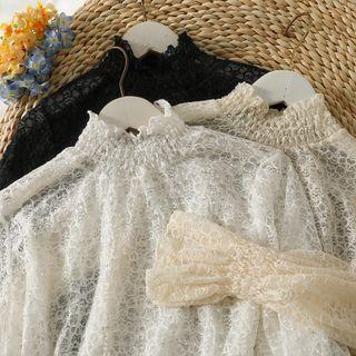 Smocked Mock-neck Sheer Lace Blouse