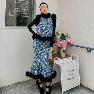 Fluffy Trim Floral Vest / Midi Mermaid Skirt