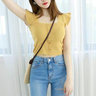 Petite Size - Square-neck Frilled Sleeveless Knit Top
