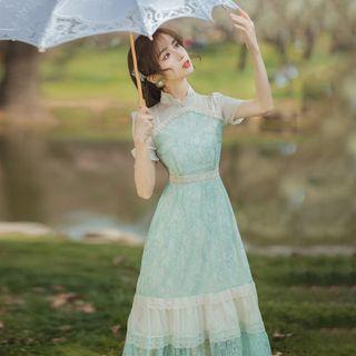 Short-sleeve Paneled Ruffled Midi A-line Lace Dress