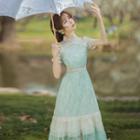 Short-sleeve Paneled Ruffled Midi A-line Lace Dress