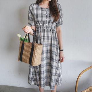 Half-placket Plaid A-line Dress