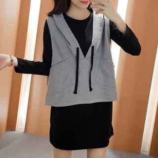Set: V-neck Hooded Vest + Long-sleeve T-shirt Dress