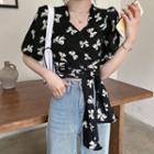 Short-sleeve Bow Print Wrap Blouse