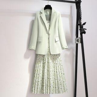 Set: Plain Blazer + Spaghetti Strap Floral Dress