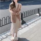 Open-front Furry-knit Cardigan / Slim-fit Midi Dress