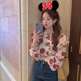 Long-sleeve Rose Print Ruffled Blouse Blouse - Red Rose - White - One Size