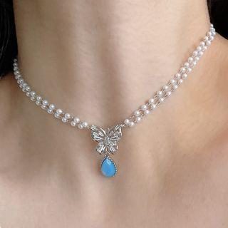 Bow Rhinestone Drop Pendant Alloy Choker Blue Drop - Silver - One Size