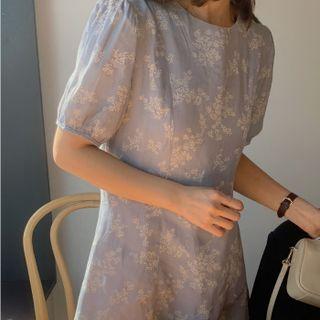 Round Neck Floral Puff Short Sleeve Dress