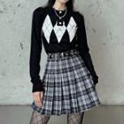 Argyle Sweater / Pleated Skirt / Belt / Set