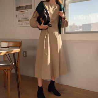 Balloon-sleeve Pintuck-waist Dress