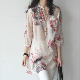 3/4-sleeve Floral Buttoned Long Top
