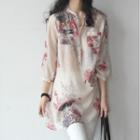 3/4-sleeve Floral Buttoned Long Top