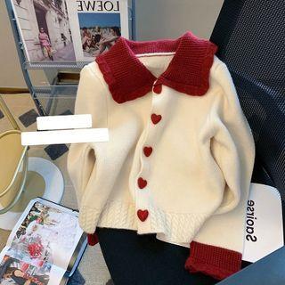 Collared Heart Button Cardigan Red & White - One Size