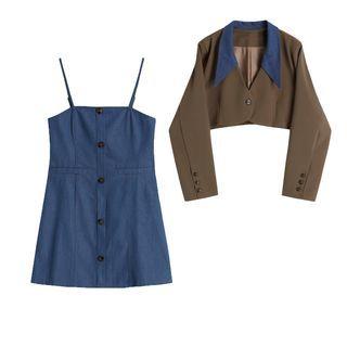 Set: Spaghetti Strap Denim Dress + Blazer